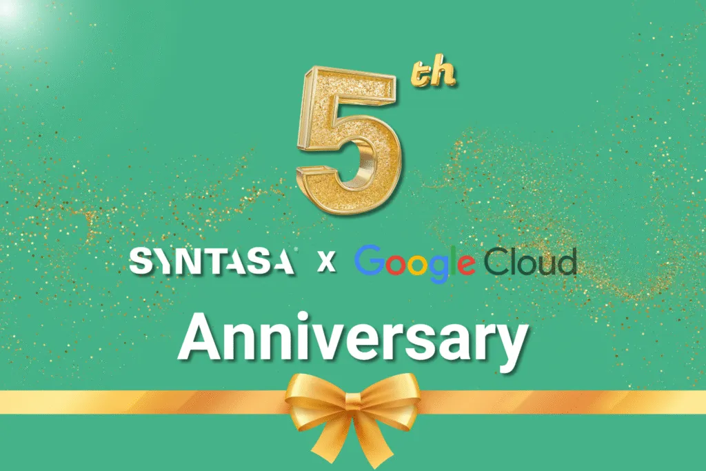 Celebratory graphic reading “5th Anniversary — Syntasa x Google Cloud” with gold confetti and a ribbon bow.